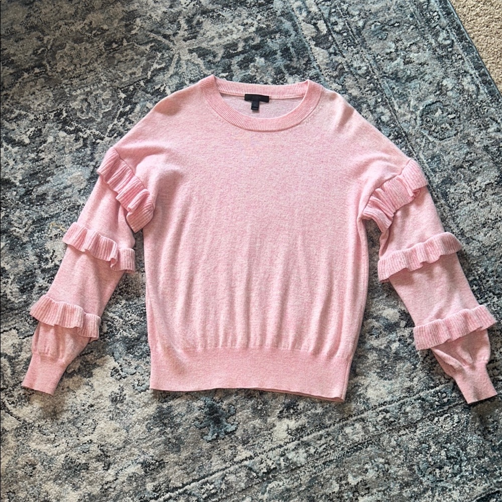 J. Crew Pink Crew Neck Sweater with Ruffled Sleeves